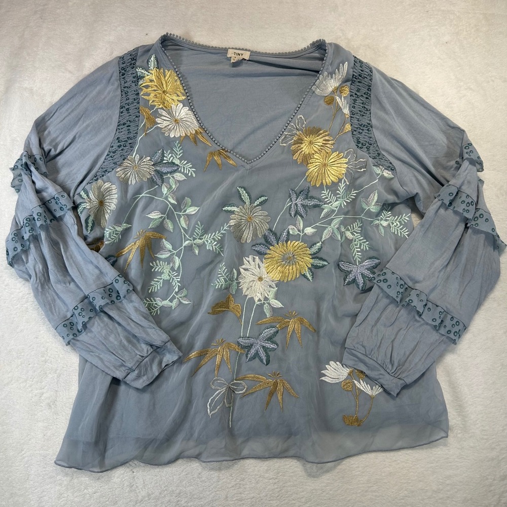 Boho Tiny Anthropologie Embroidered Floral Blouse XL Cottagecore Blue Ruffle
